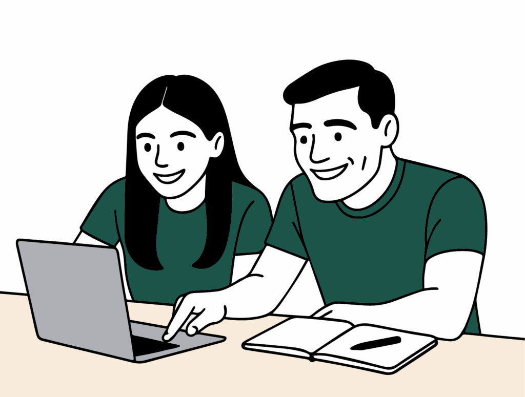 Illustratie van twee cursisten die samen online motor theorie leren